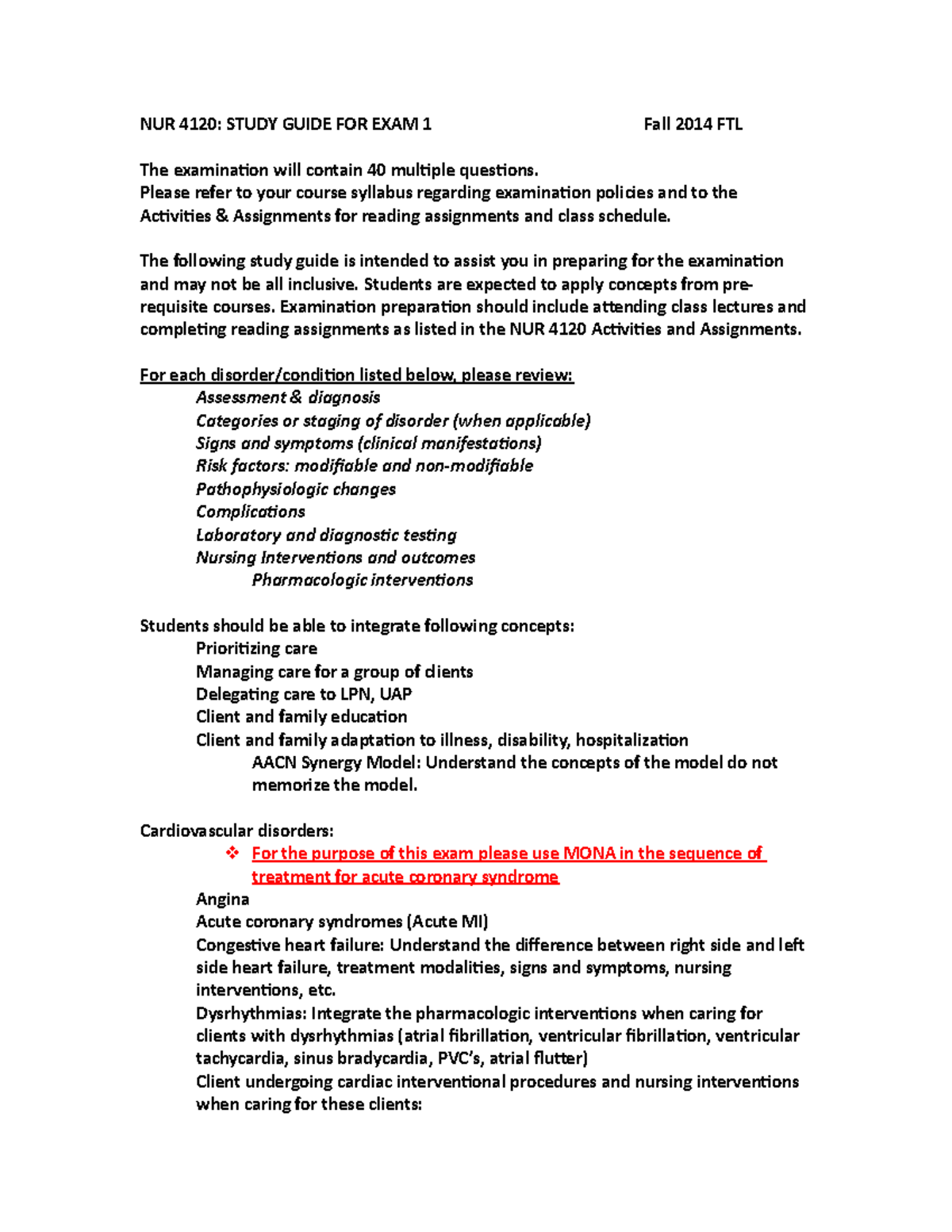 Exam 1 study guide FTL 090514 - NUR 4120: STUDY GUIDE FOR EXAM 1 Fall ...