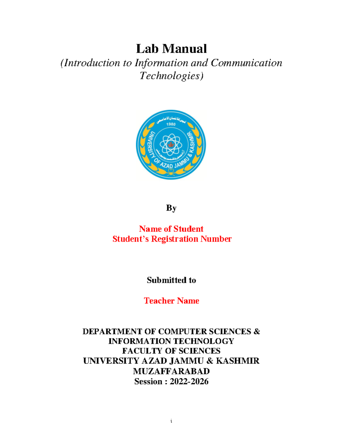 Format for lab manual ICT i Lab Manual (Introduction to Information