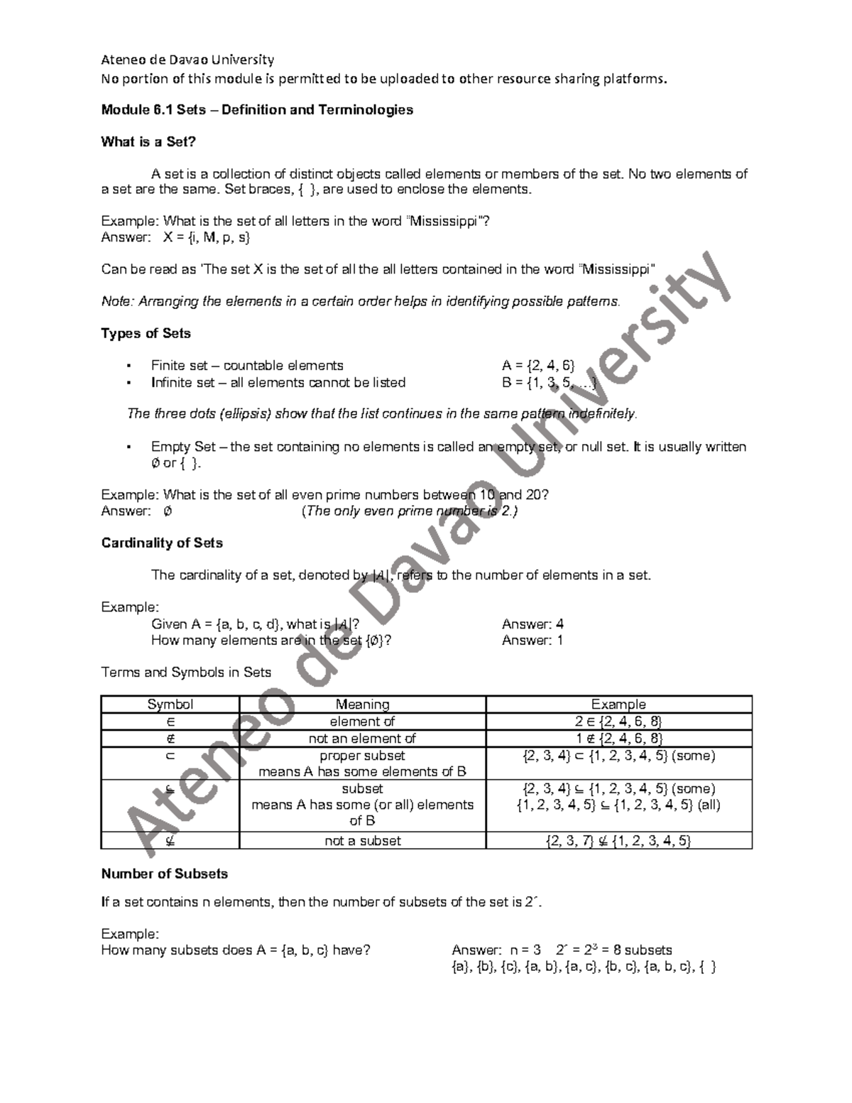 6.1 Sets - Definitions and Terminologies - Ateneo de Davao University ...