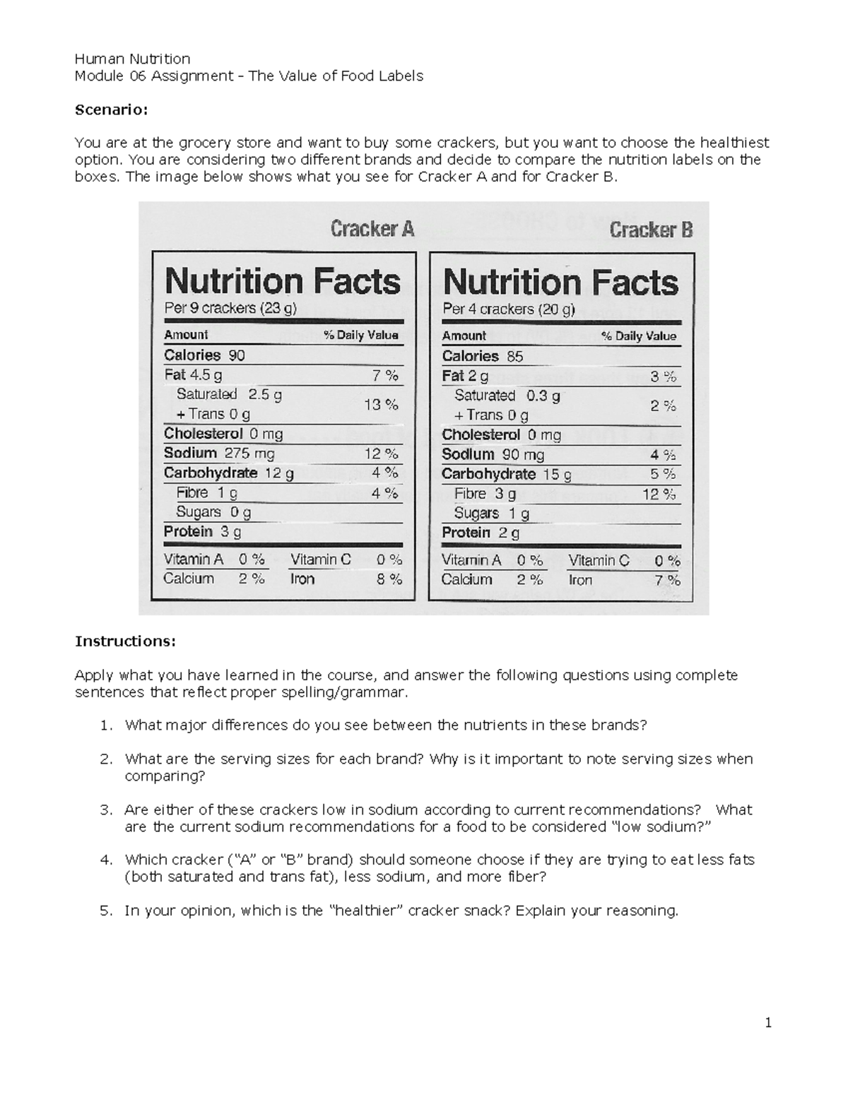 HUN2000 Mod 06 Food Label Worksheet 1 - Human Nutrition Module 06 ...