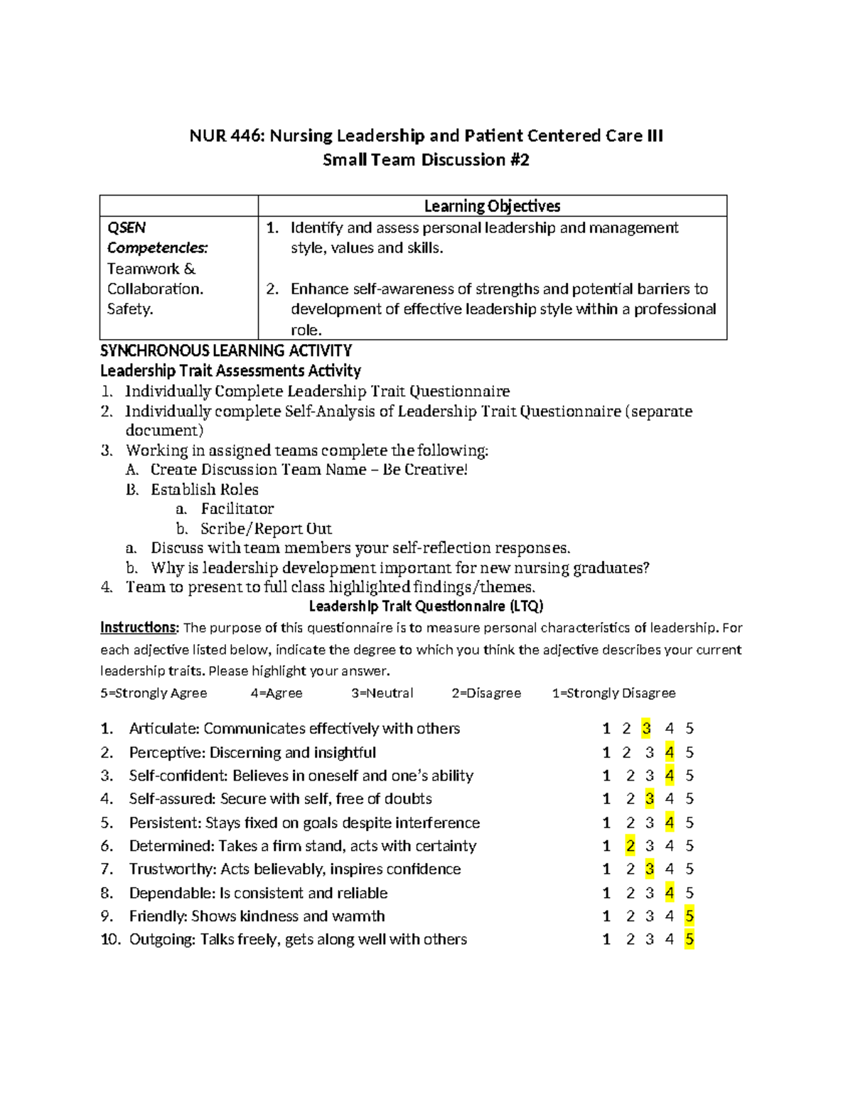 Topic #1 Discussion Outline questionnaire - NUR 446: Nursing Leadership ...