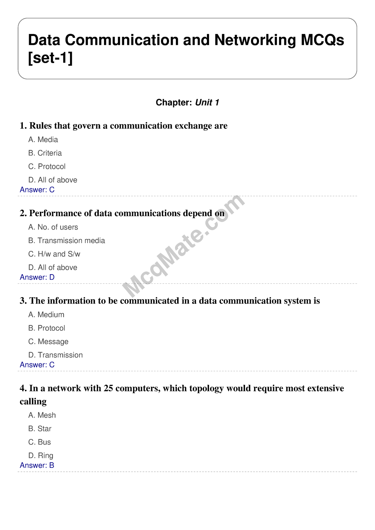 Data Communication And Networking (Chapter- Unit 1) Solved MCQs [set-1 ...