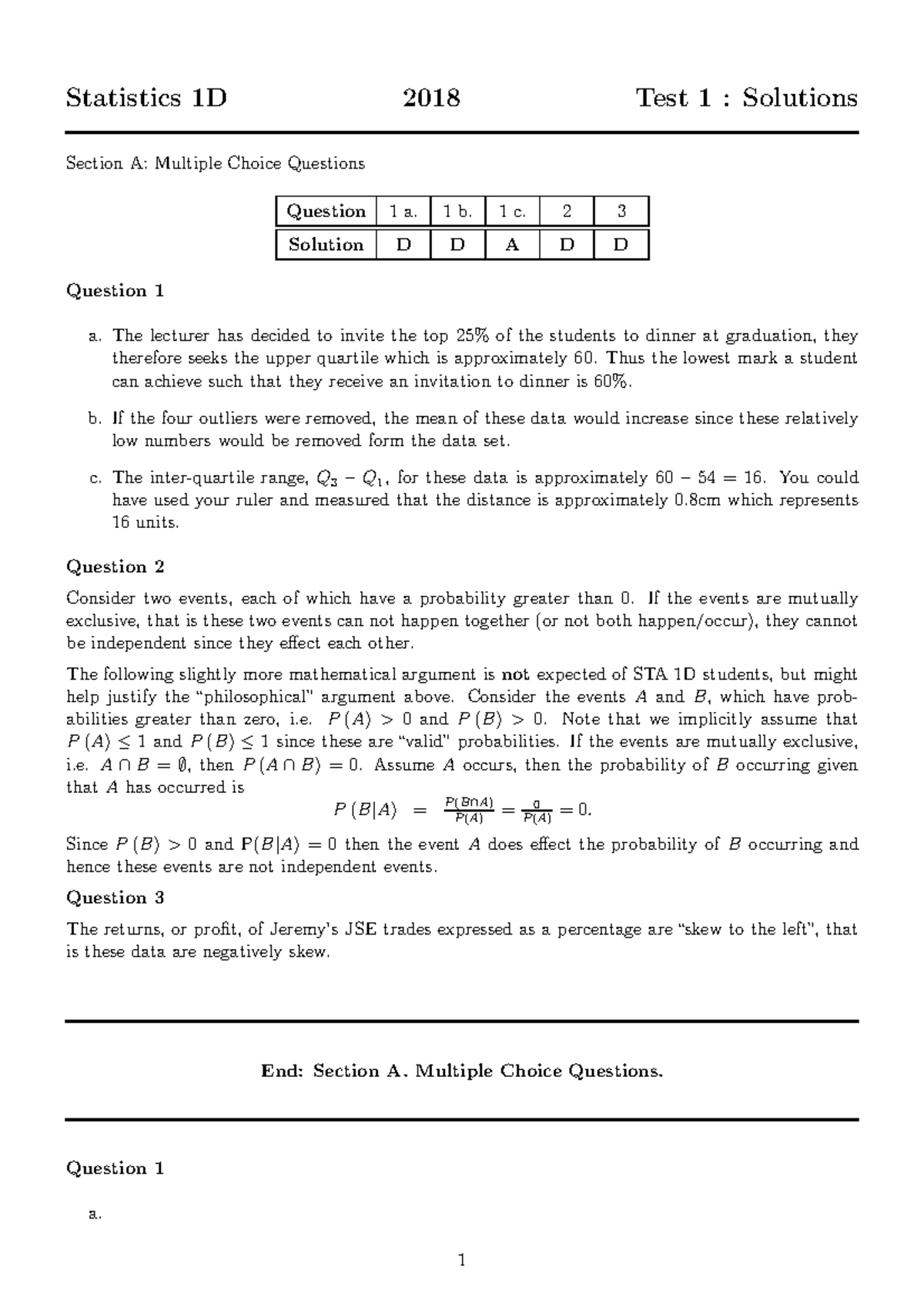Test1Solutions 2018 - Preparation for Exam - Statistics 1D 2018 Test 1 ...
