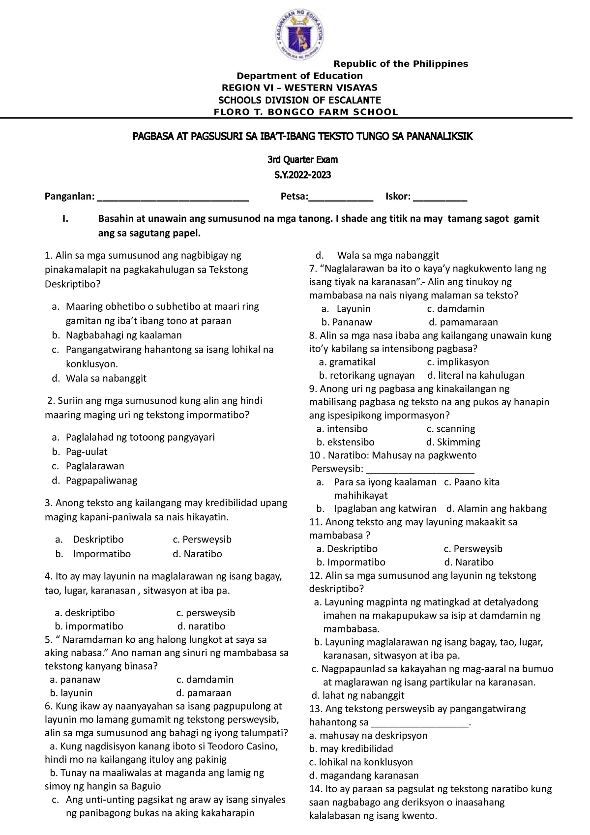 Rd Quarter Exam Pagbasa At Pagsusuri Republic Of The Philippines