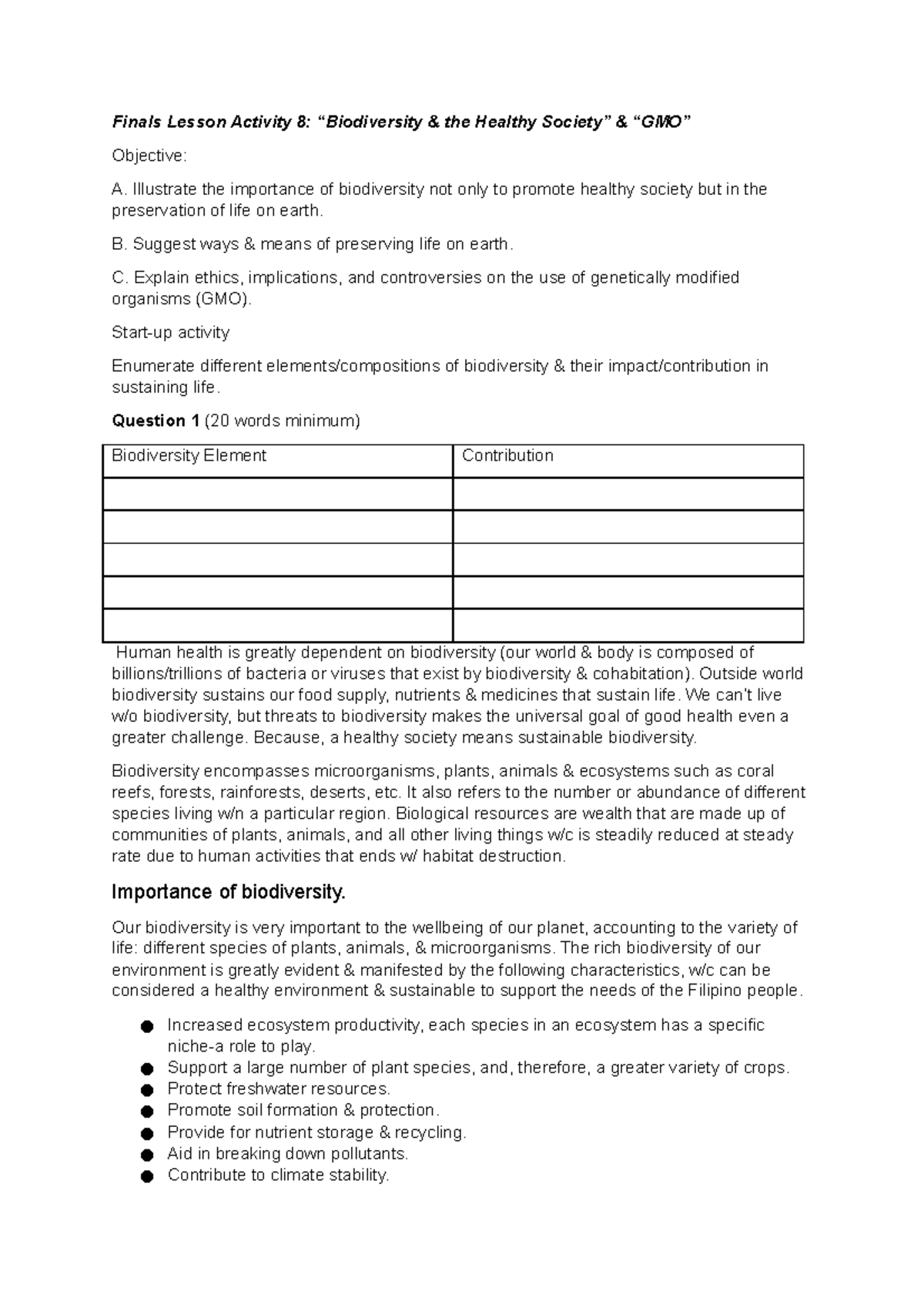 Activity 7 - GMO, Biodiversity & the Healty Society - Finals Lesson ...