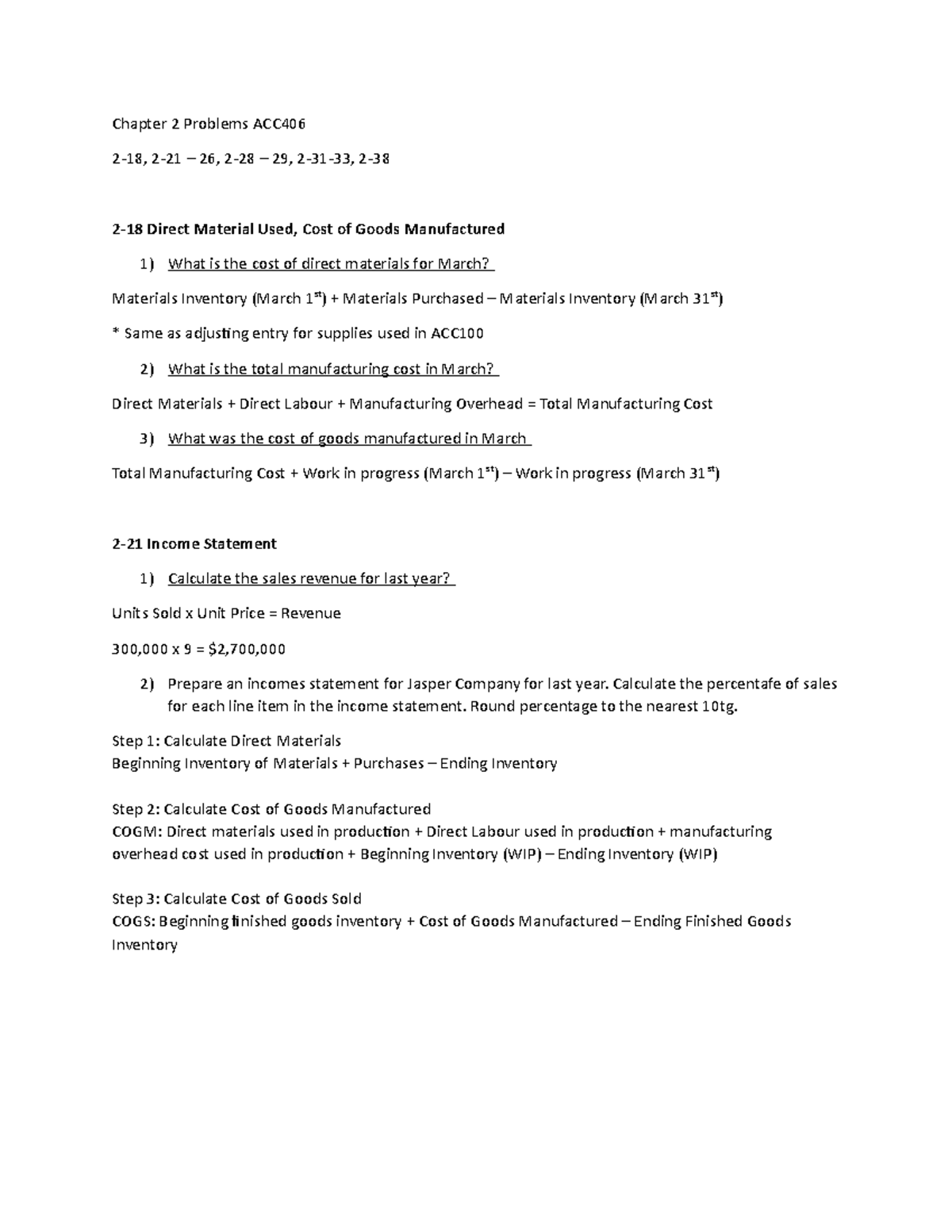ACC406 Chapter 2 Study Notes + Problems - Chapter 2 Problems ACC406 26 ...