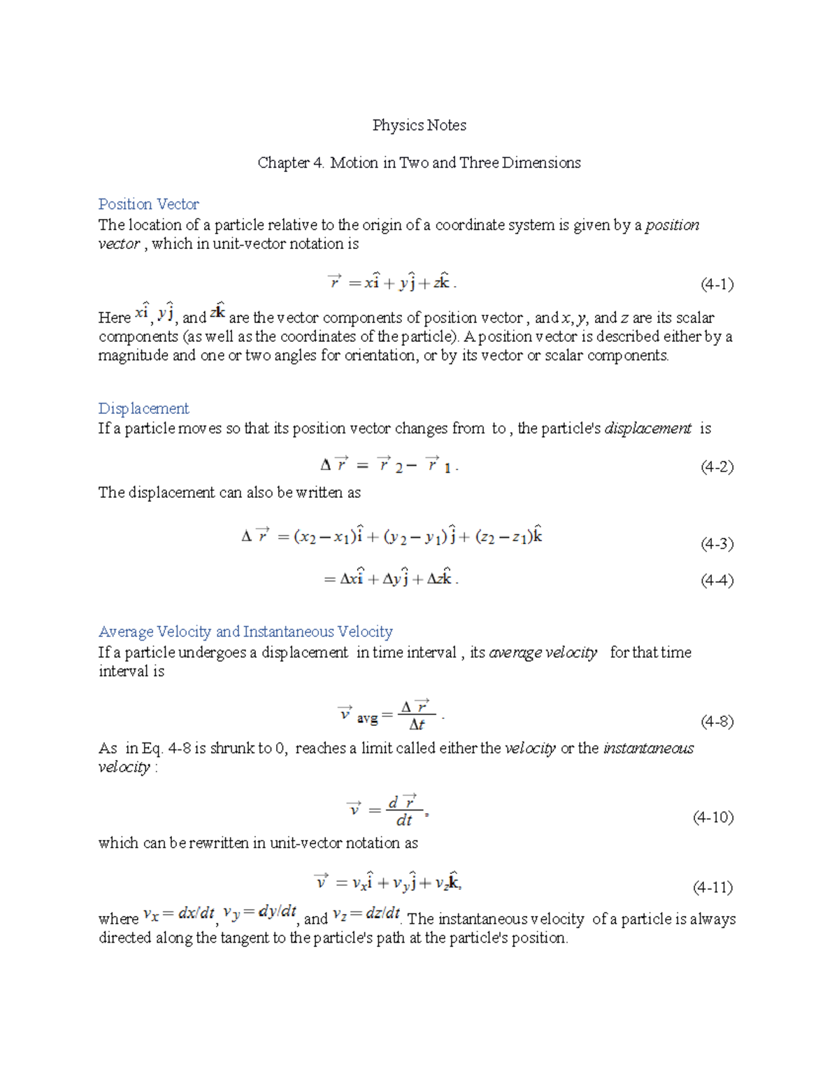 Physics Chapter 4 Notes Motion In Two And Three Dimensions - Physics ...