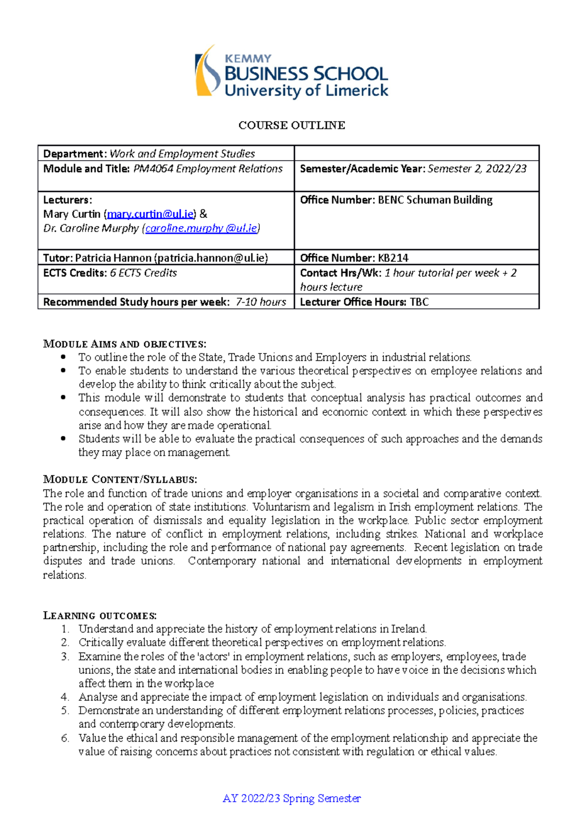 PM4064 Outline 2022 23 Employment Relations - COURSE OUTLINE Department ...