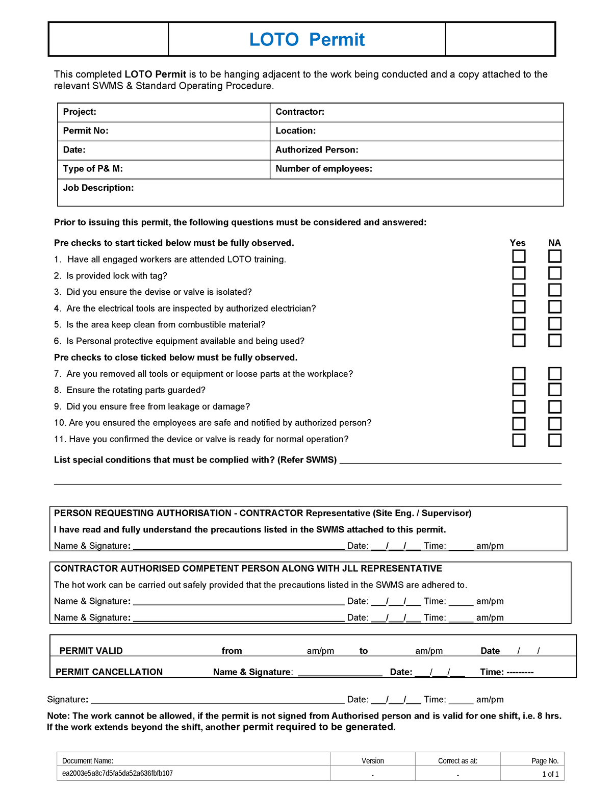 LOTO - EDDWAFFREWFR - LOTO Permit This completed LOTO Permit is to be ...