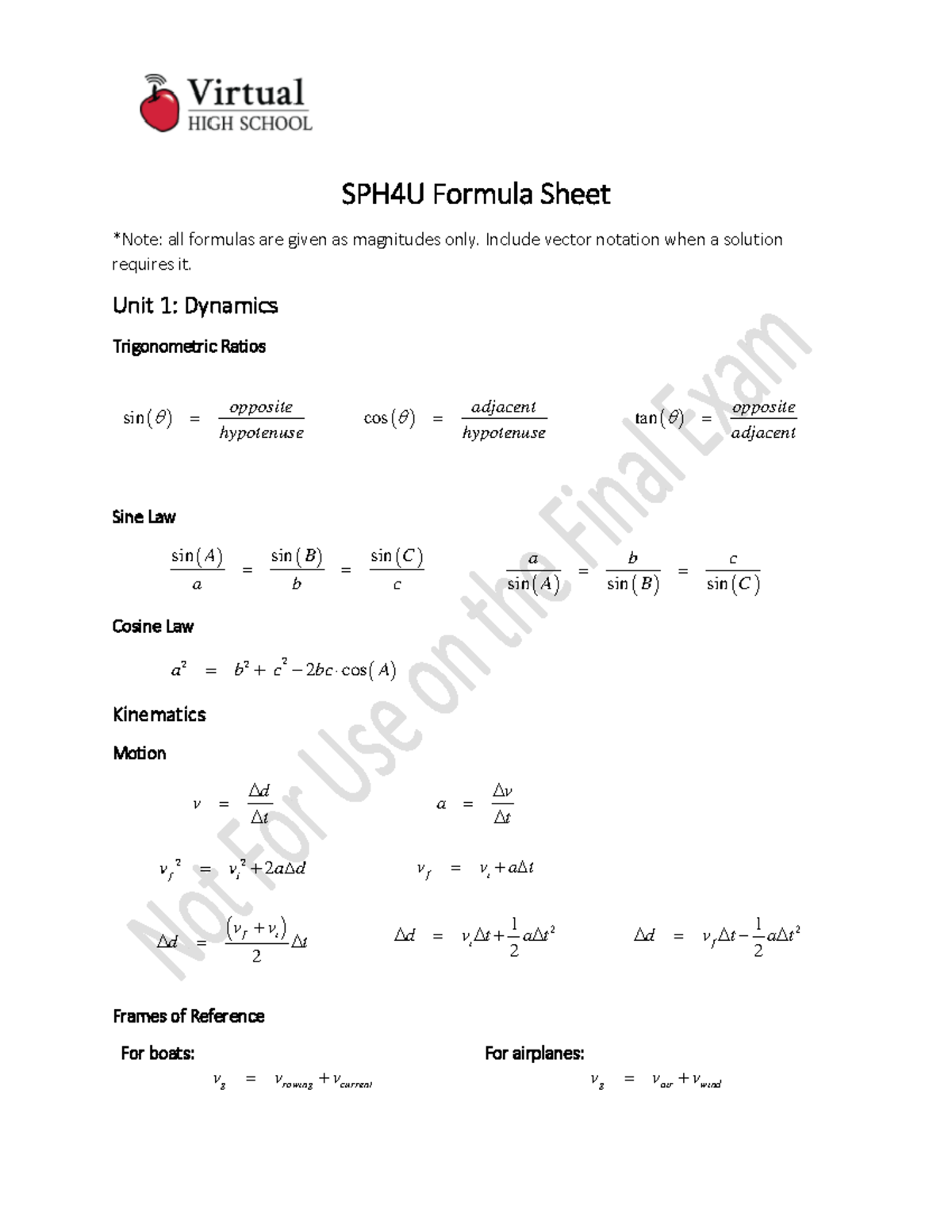 SPH4U Formula Sheet - SPH4U Formula Sheet *Note: All Formulas Are Given ...