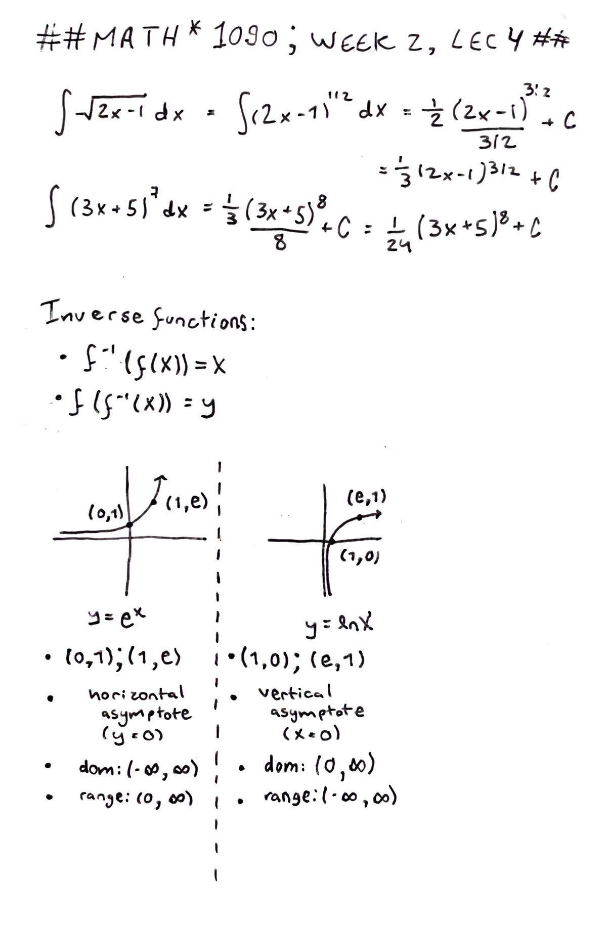 MATH 1090 LEC 4 - Lec Notes - ##MATH * 1090; WEEK Z, LECY 3: √√²x-1 Dx ...