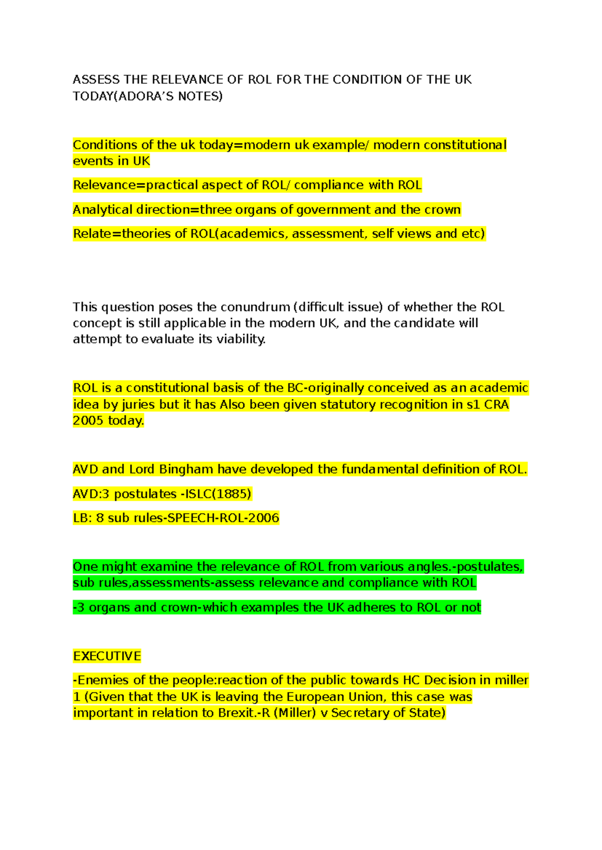Notes on relevance of ROL - ASSESS THE RELEVANCE OF ROL FOR THE ...