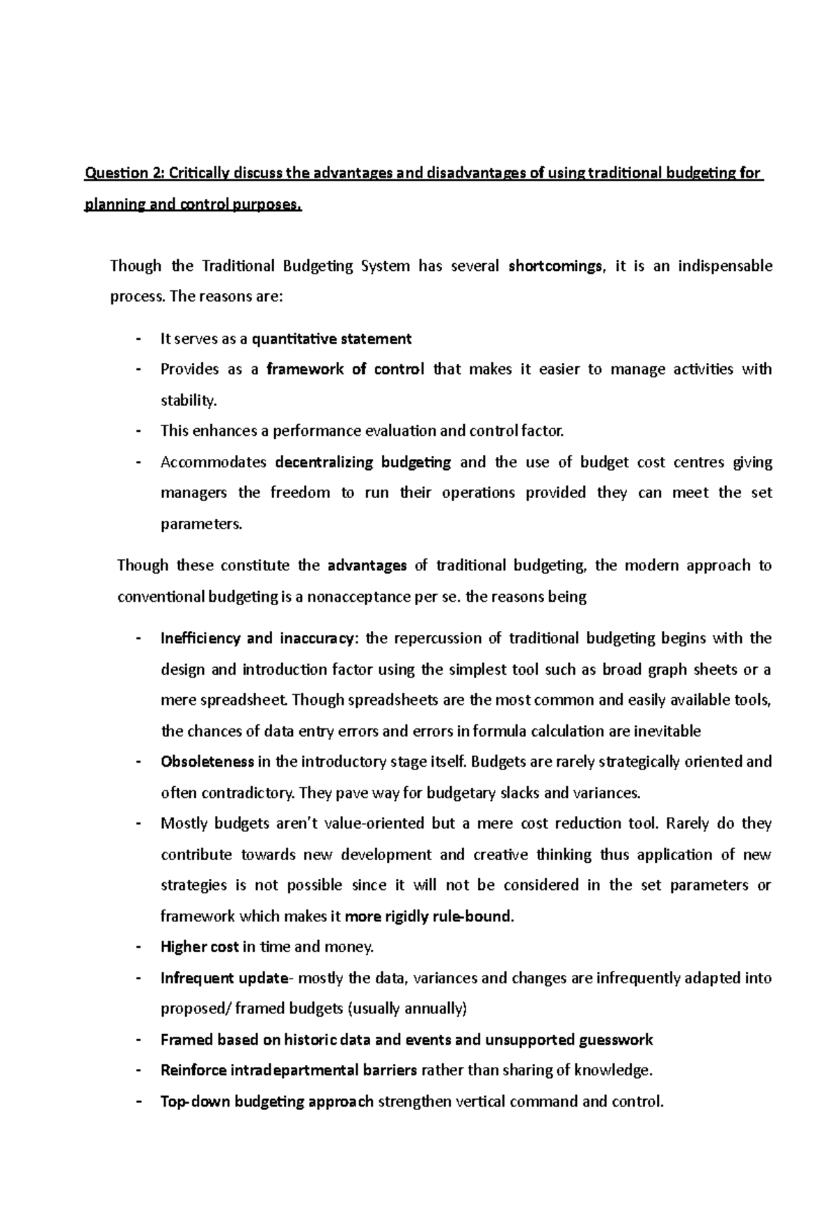 traditional budgeting for planning and control purposes - Though the ...