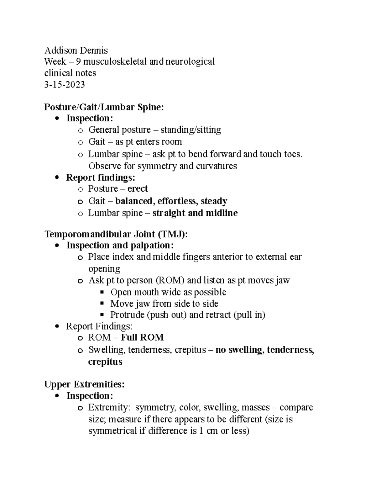 Week 9 Clinical Notes - Addison Dennis Week – 9 musculoskeletal and ...