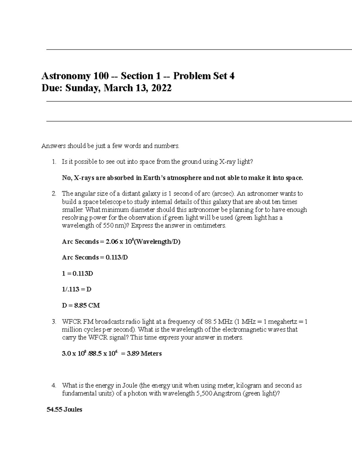 Hw4 - Homework - Astronomy 100 - Section 1 - Problem Set 4 Due: Sunday ...