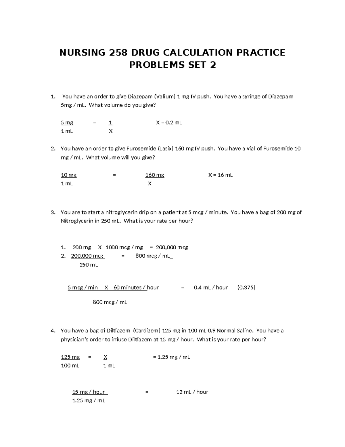 Iv Drug Calculations Set 2 With Answers Nursing 258 Drug Calculation