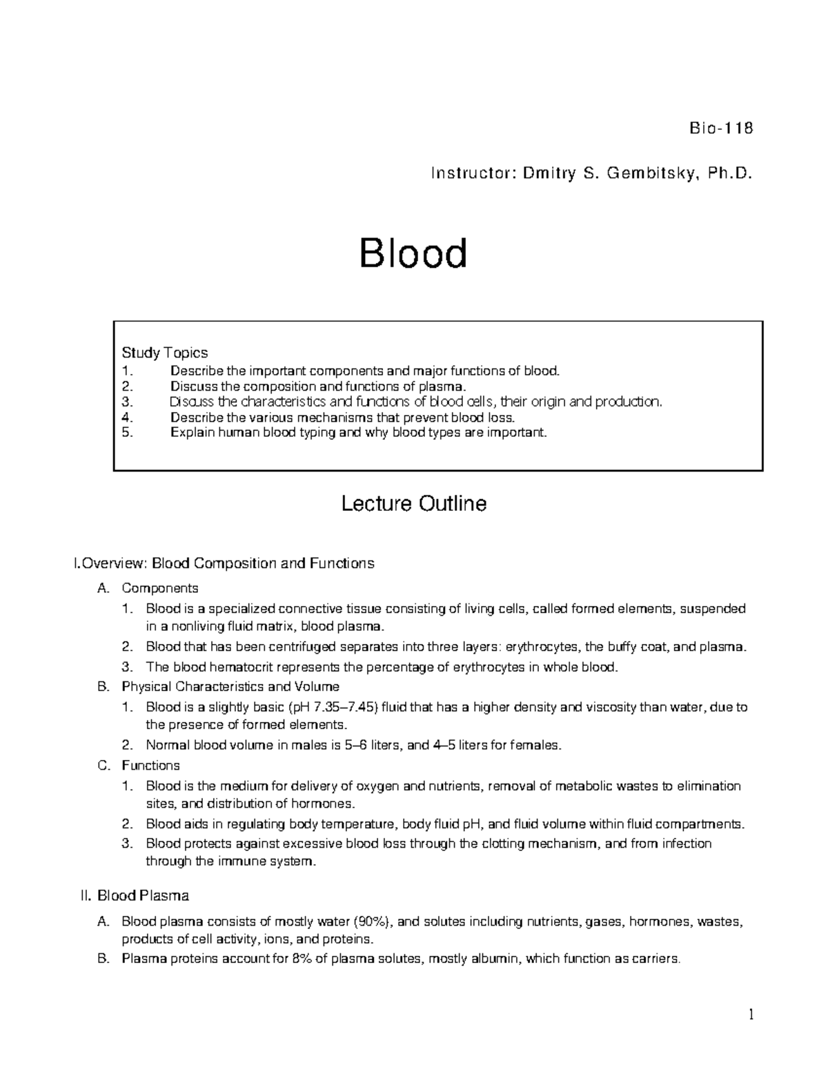 Chapter 16 Notes (Blood) - 1 Bio - 118 Instructor: Dm itry S. Gem ...