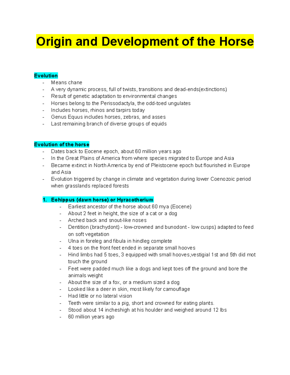 Equine Reviewer(Midterm) Origin and Development of the Horse