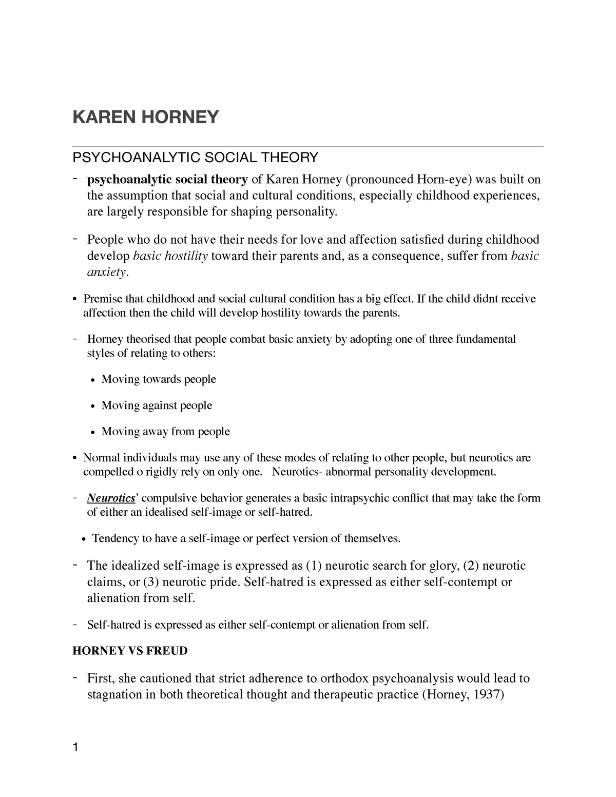 Horney Notes Pdf - Theories Of Personality - KAREN HORNEY ...