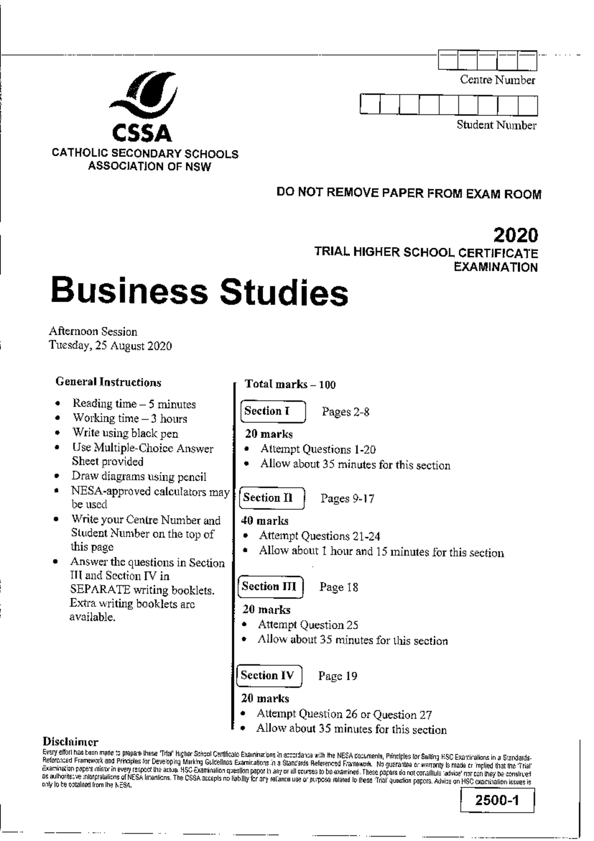 CSSA 2020 - Past Paper - Centre Number Student Number CSSA CATHOLIC ...
