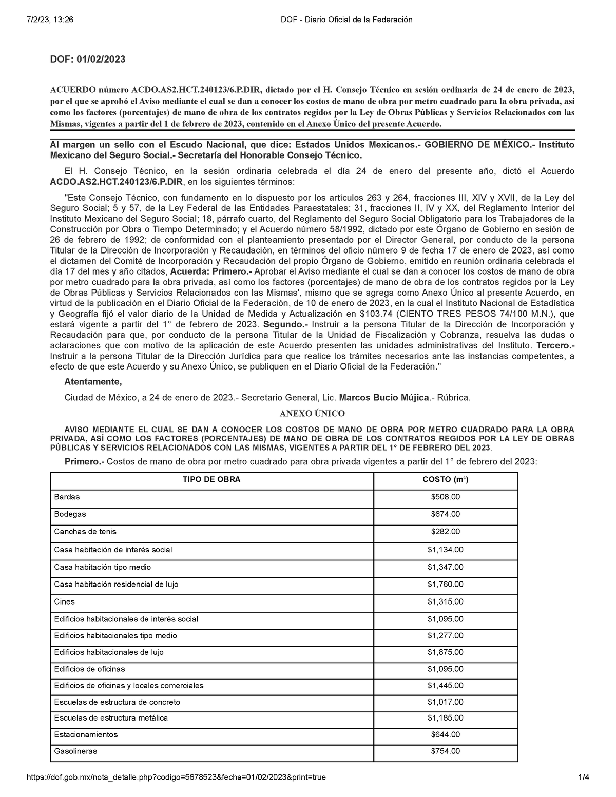 Costos De Mano De Obra Por Metro Cuadrado IMSS 2023 DOF 01 02   Thumb 1200 1553 