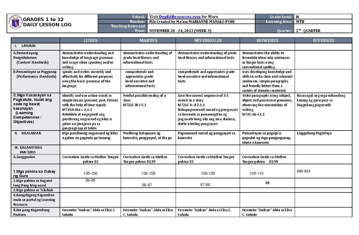 DLL MTB 2 Q2 W3 - thank you - GRADES 1 to 12 DAILY LESSON LOG School ...