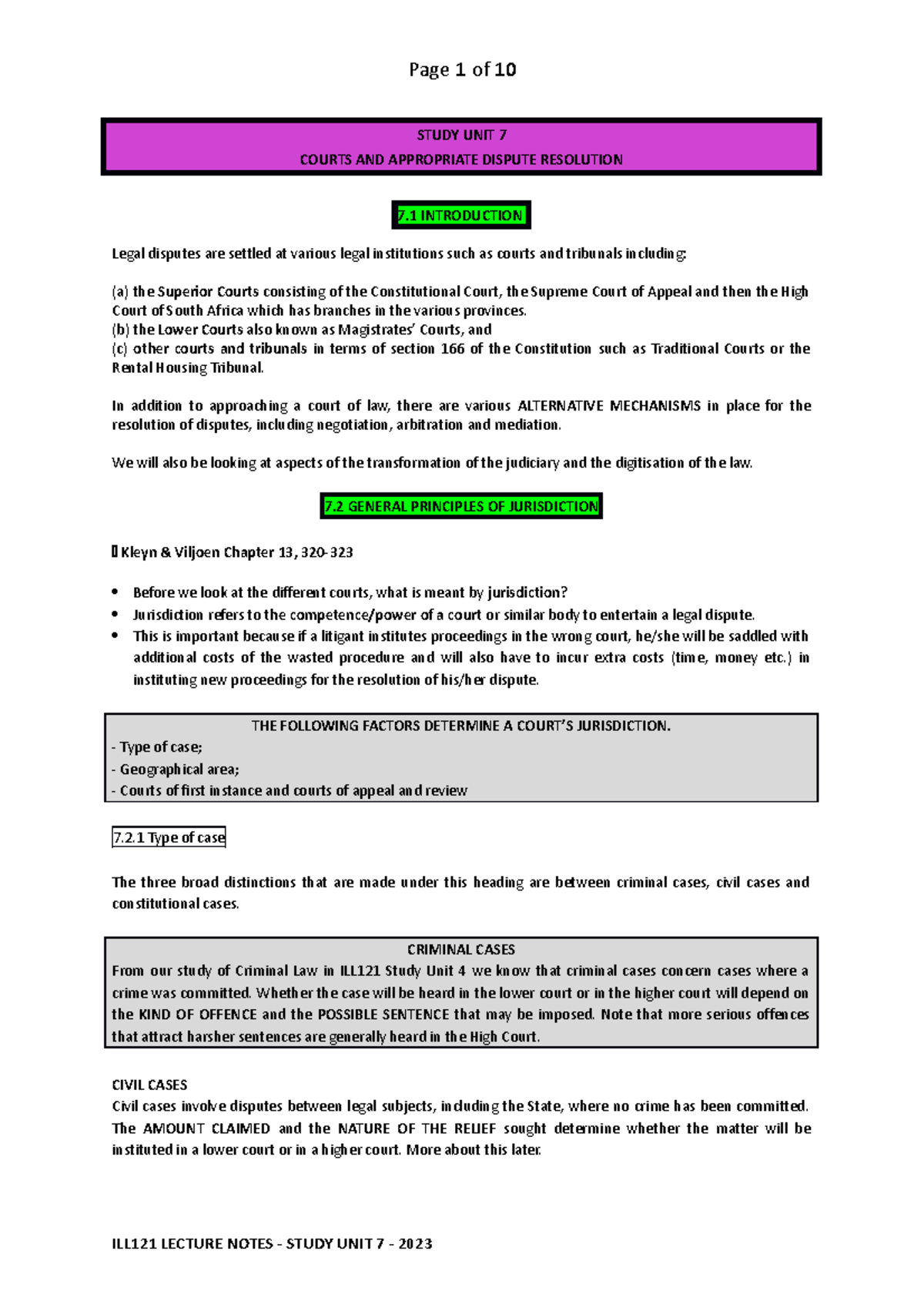 ILL121 Lecture Notes - Study UNIT 7 - 2023 ADR - STUDY UNIT 7 COURTS ...