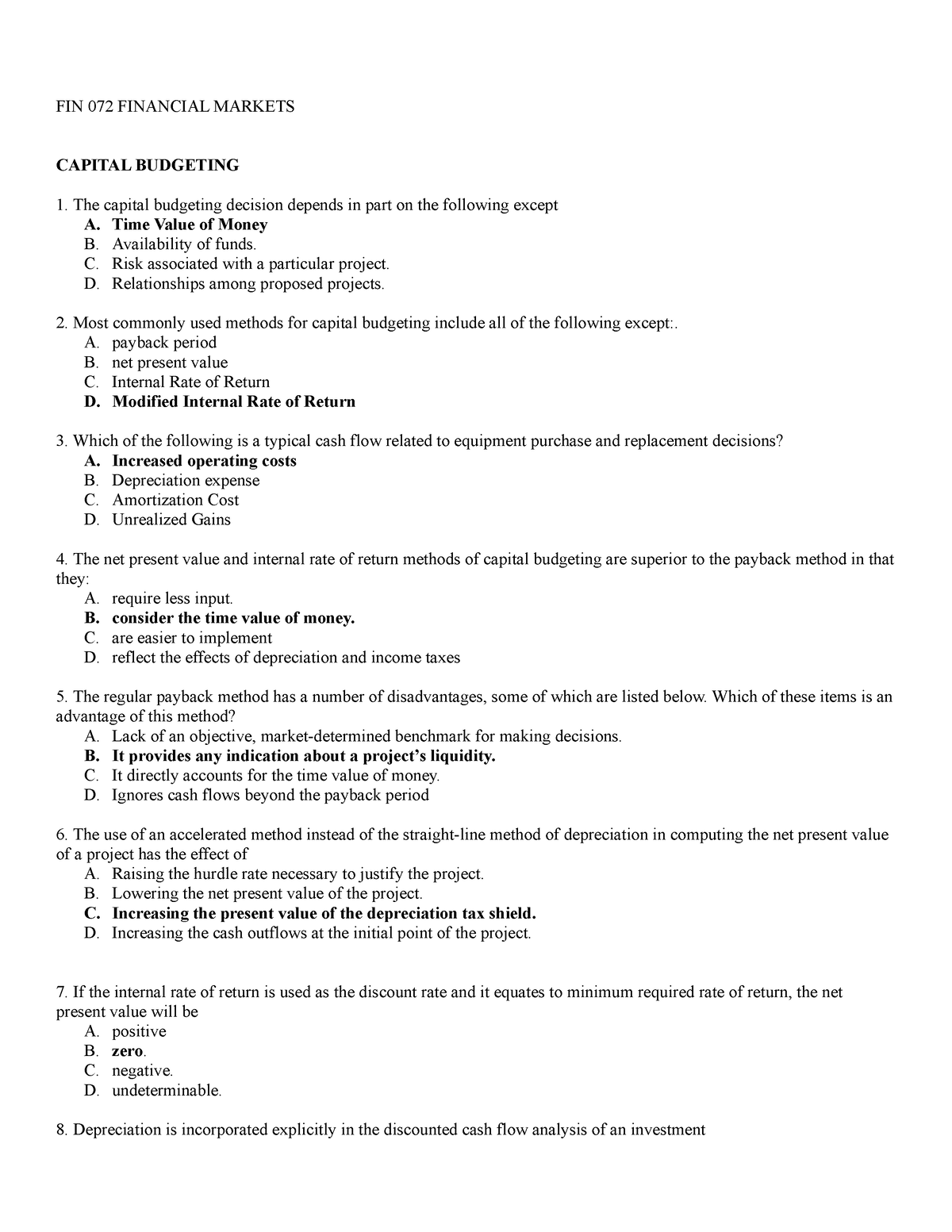 FIN QUIZ Answer Key - FIN 072 FINANCIAL MARKETS CAPITAL BUDGETING The ...