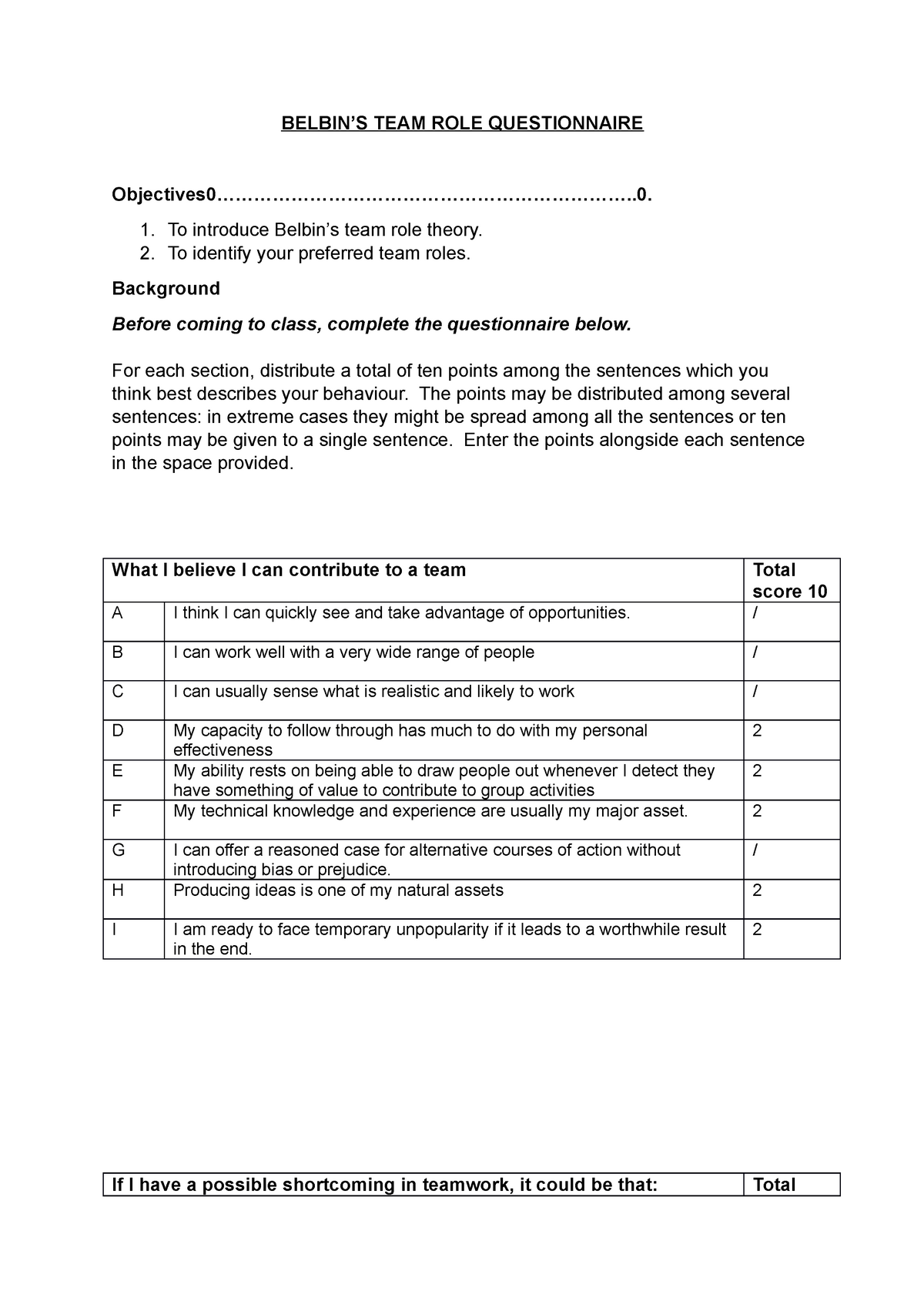 belbin team roles questionnaire
