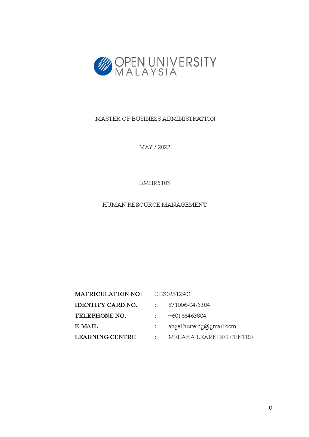 BMHR5103 assignment - SHARING - MASTER OF BUSINESS ADMINISTRATION MAY ...