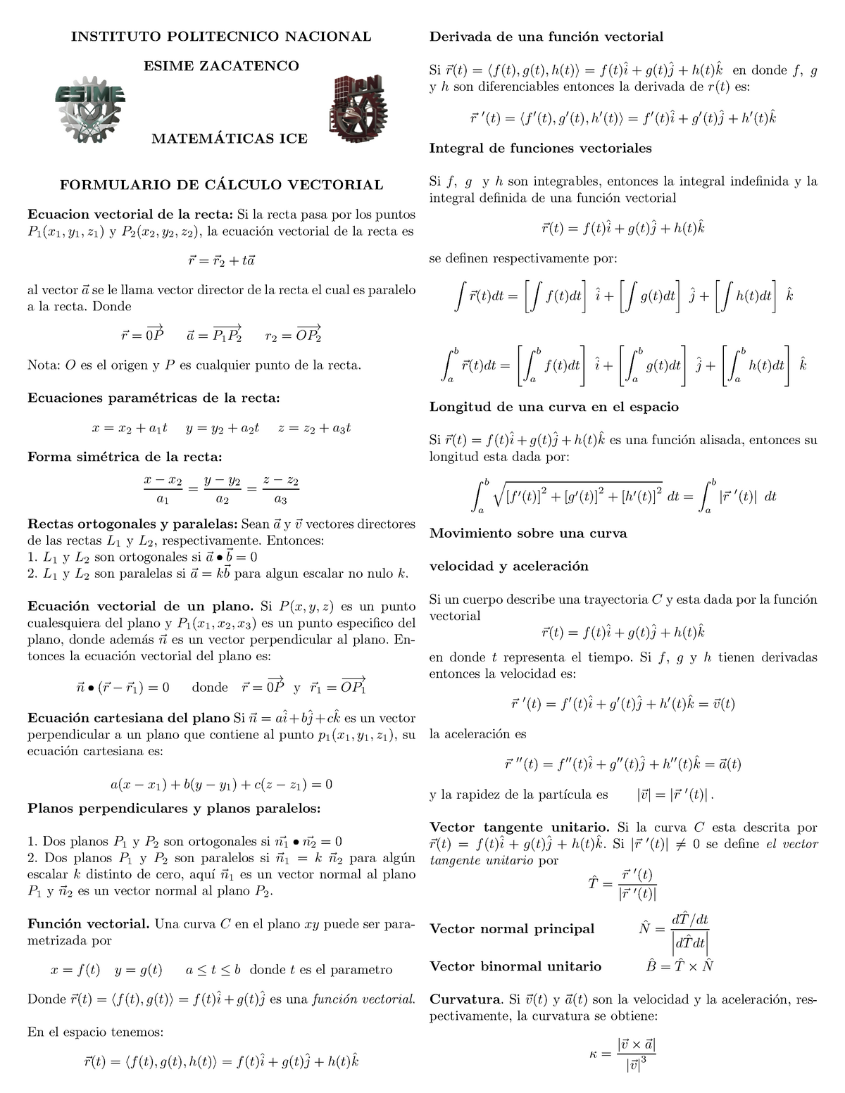 Formulario De Calculo Vectorial Studocu