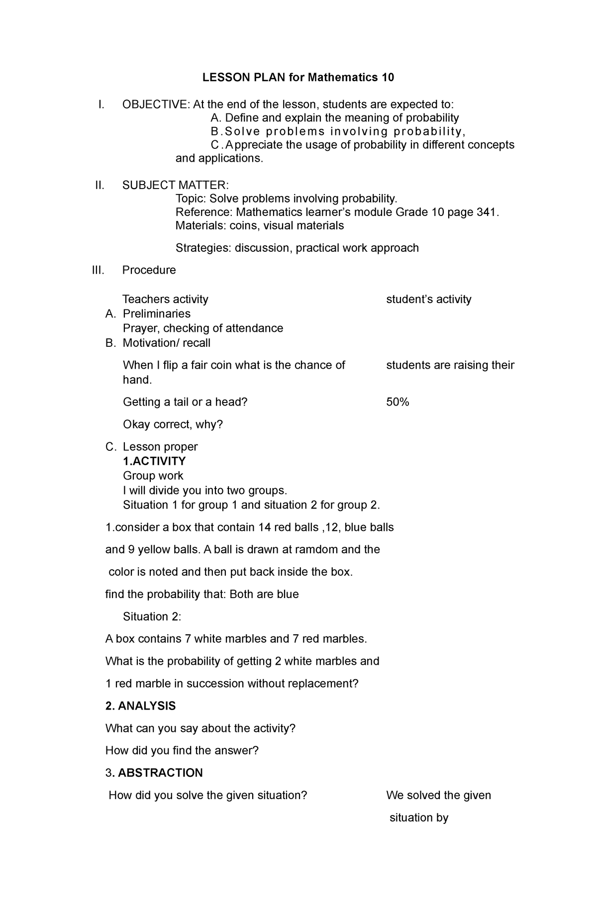 Lesson Plan For Mathematics Grade 10