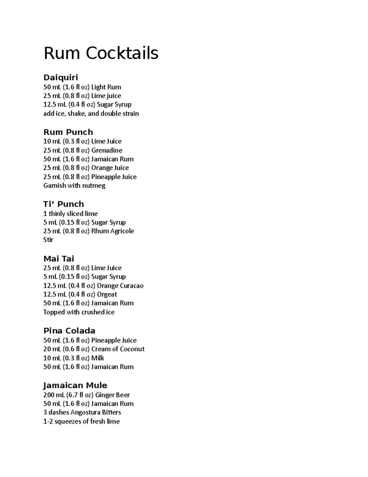 Rum Cocktails Lecture notes 1 Rum Cocktails Daiquiri 50 mL (1 fl oz