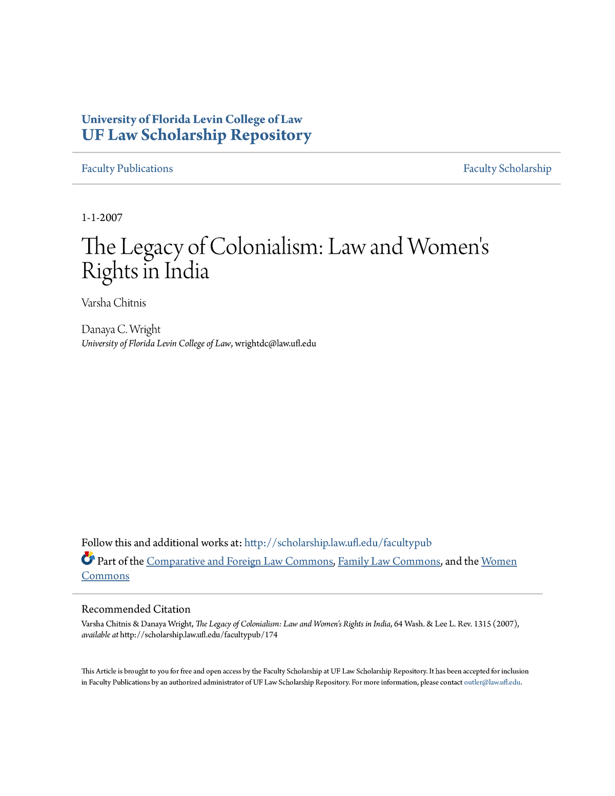 The Legacy of Colonialism Law and Womens Rights in India - University ...