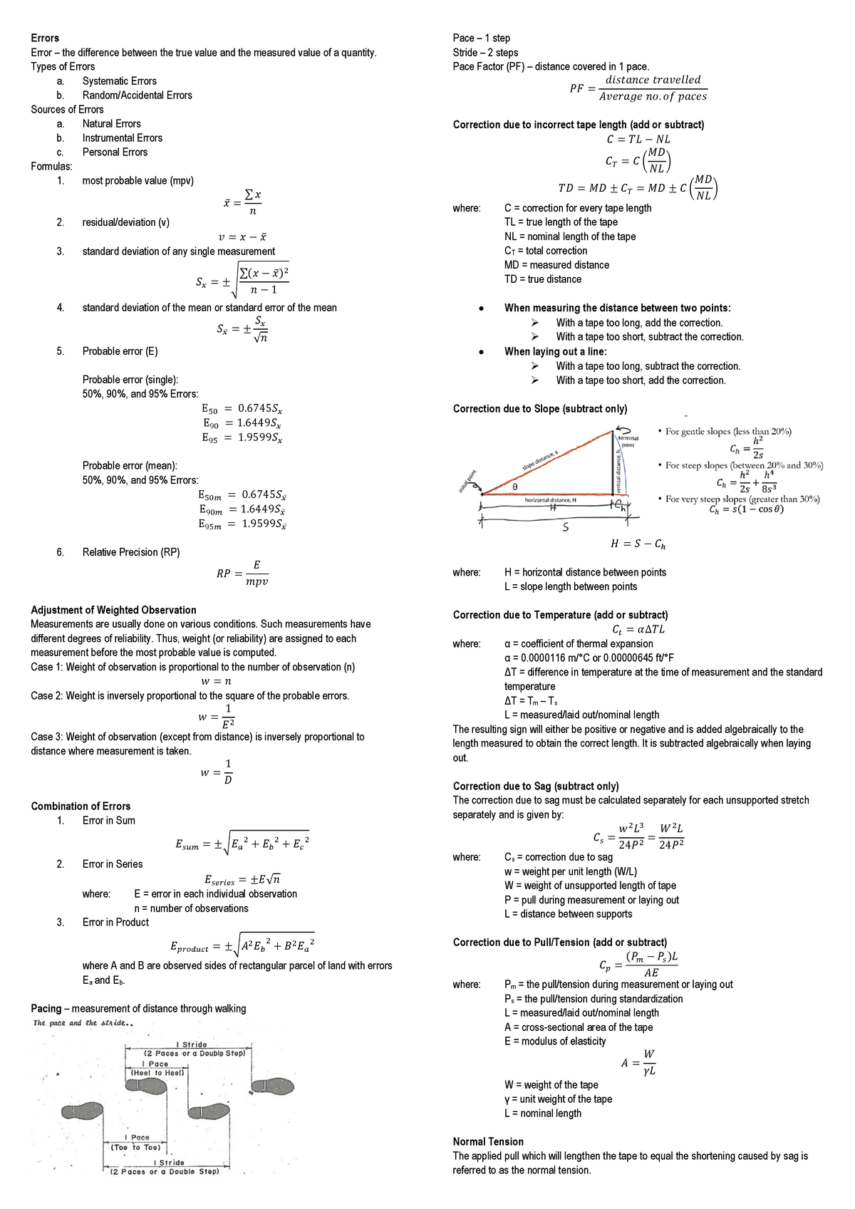 Surveying PART 1 Formulas - Errors Error – the difference between the ...