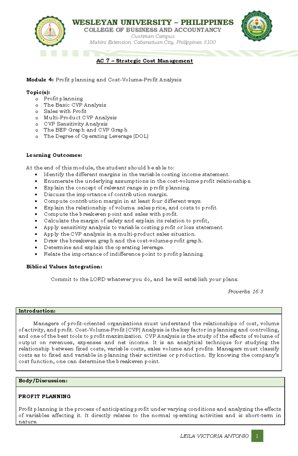 Ac7 Class Module 4 Profit Planning & Cvp Analysis - College Of Business 