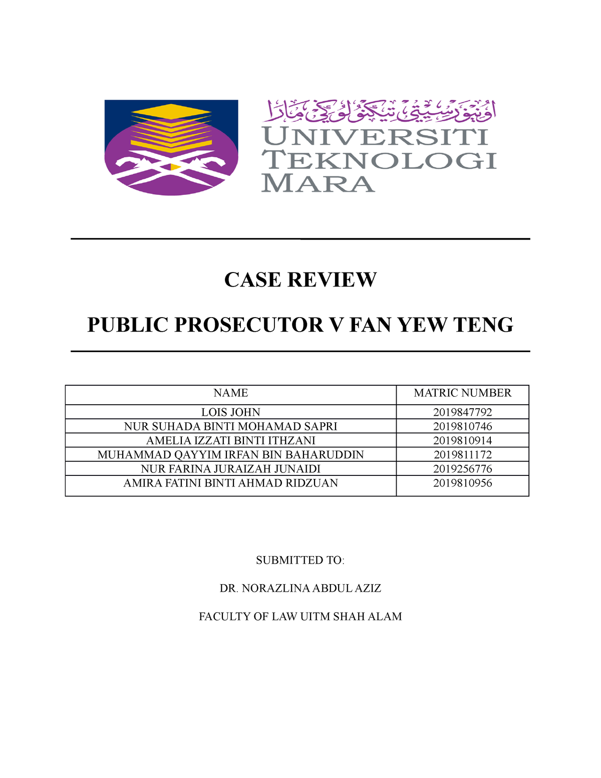 Case Review Lwb02b Dont Rely Too Much Case Review Public Prosecutor V Fan Yew Teng Name Matric Studocu