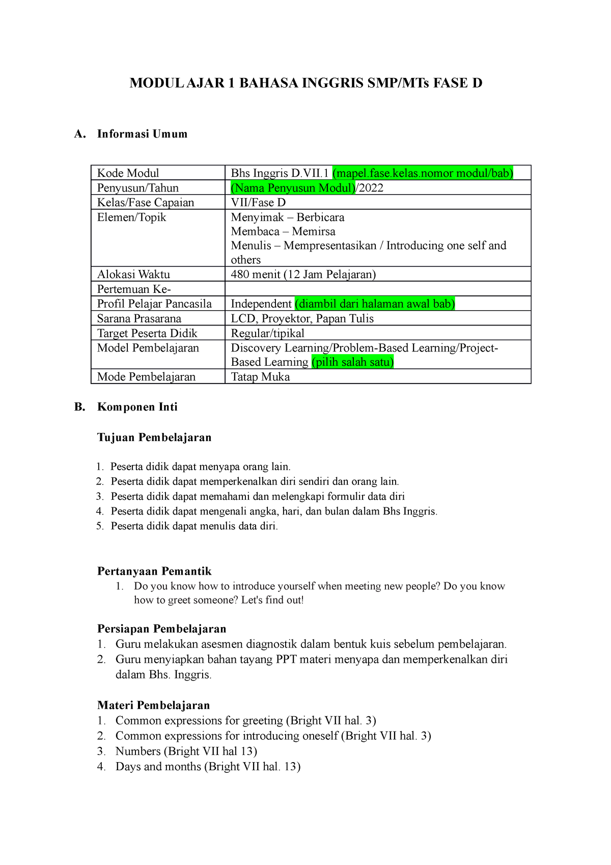 Modul AJAR B- Inggris BAB 1 SMP Grade VII - MODUL AJAR 1 BAHASA INGGRIS ...