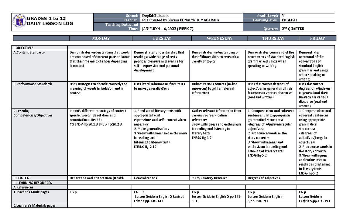 DLL English 5 Q2 W7 - daily lesson log - GRADES 1 to 12 DAILY LESSON ...