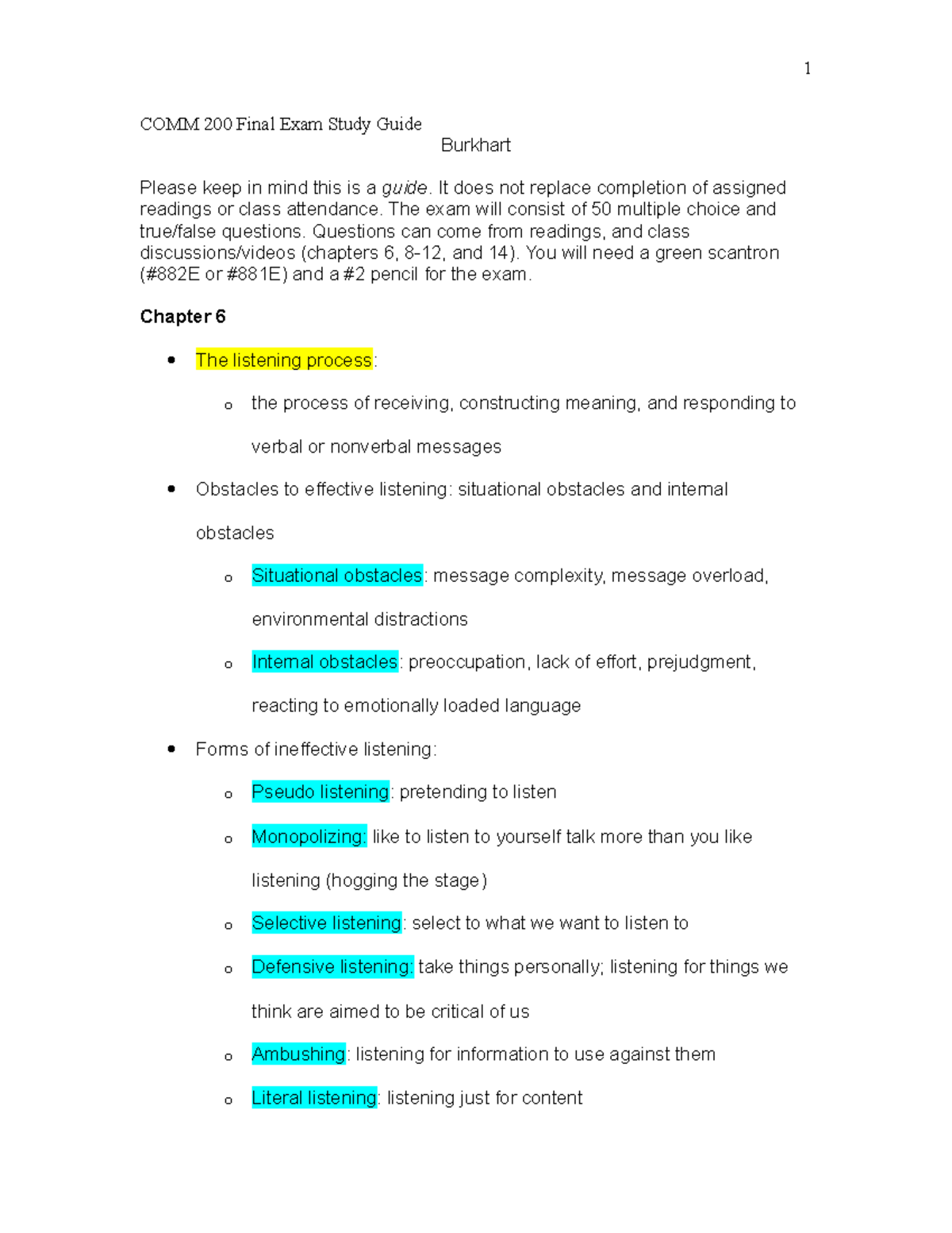 200 - Final Exam Study Guide - COMM 200 Final Exam Study Guide Burkhart ...