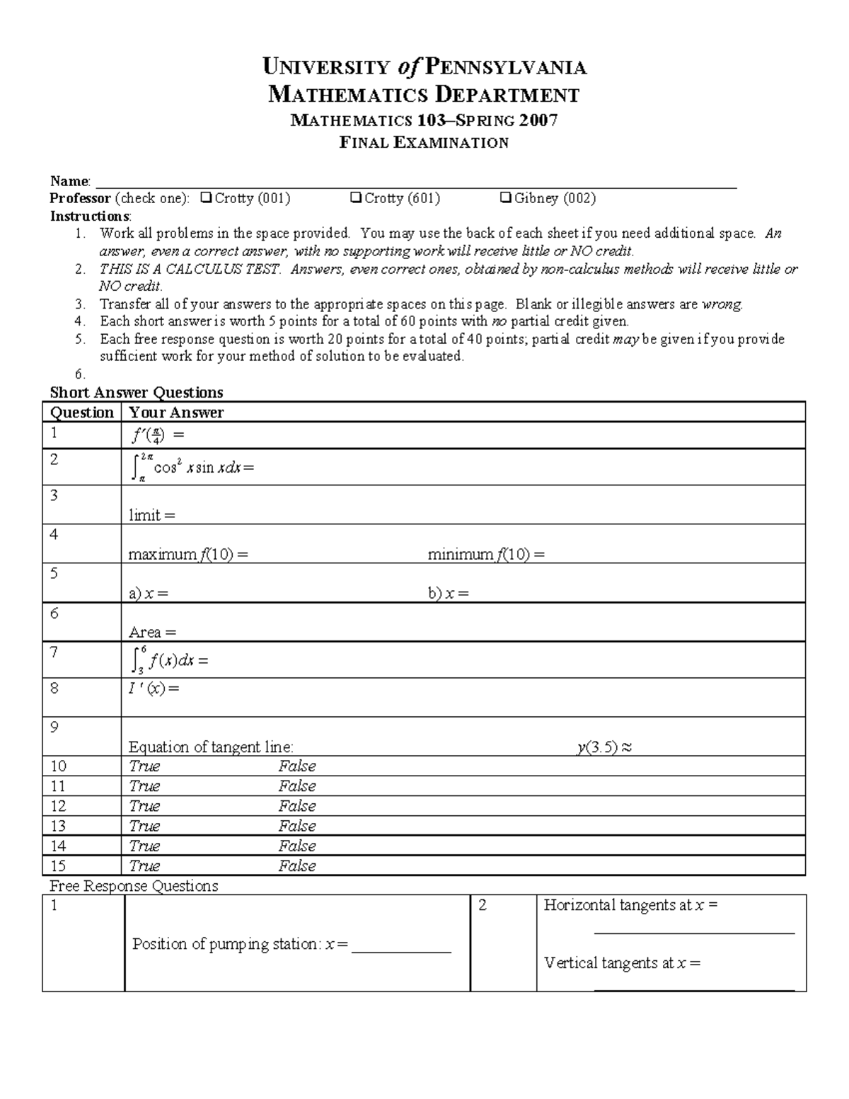 07a Math 103Final Finals Practice Questions UNIVERSITY of
