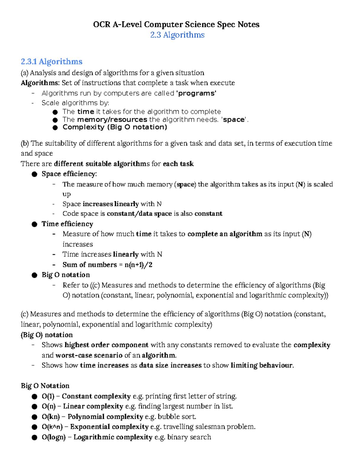 Computer Science Spec Notes 2.3 Algorithms - 3 Algorithms (a) Analysis ...