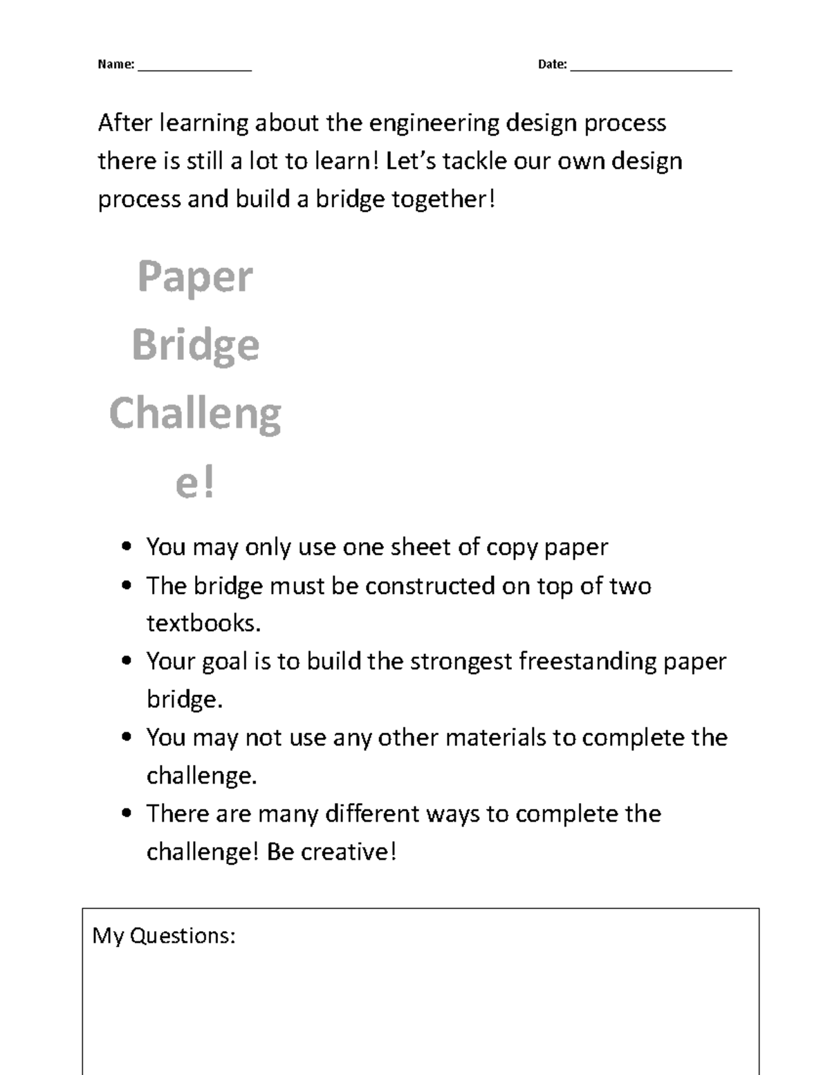 Paper Bridge Challenge - Name: _________________ Date ...