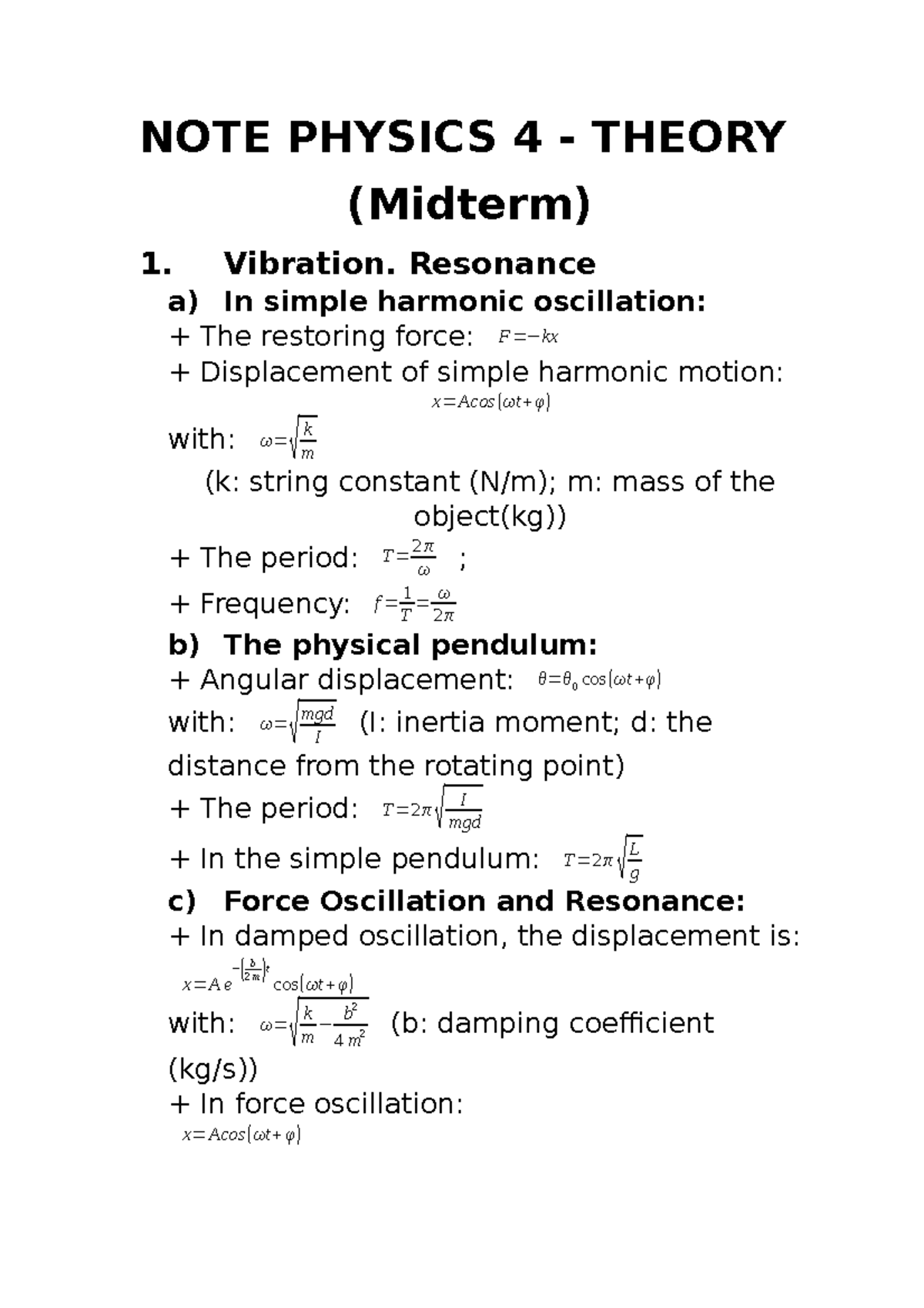 Note Phy4 Midterm Lecture notes 1 NOTE PHYSICS 4 THEORY (Midterm