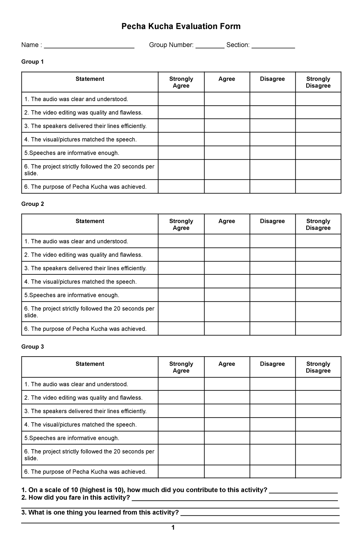 Pecha Kucha Evaluation Form - The audio was clear and understood. 2 ...