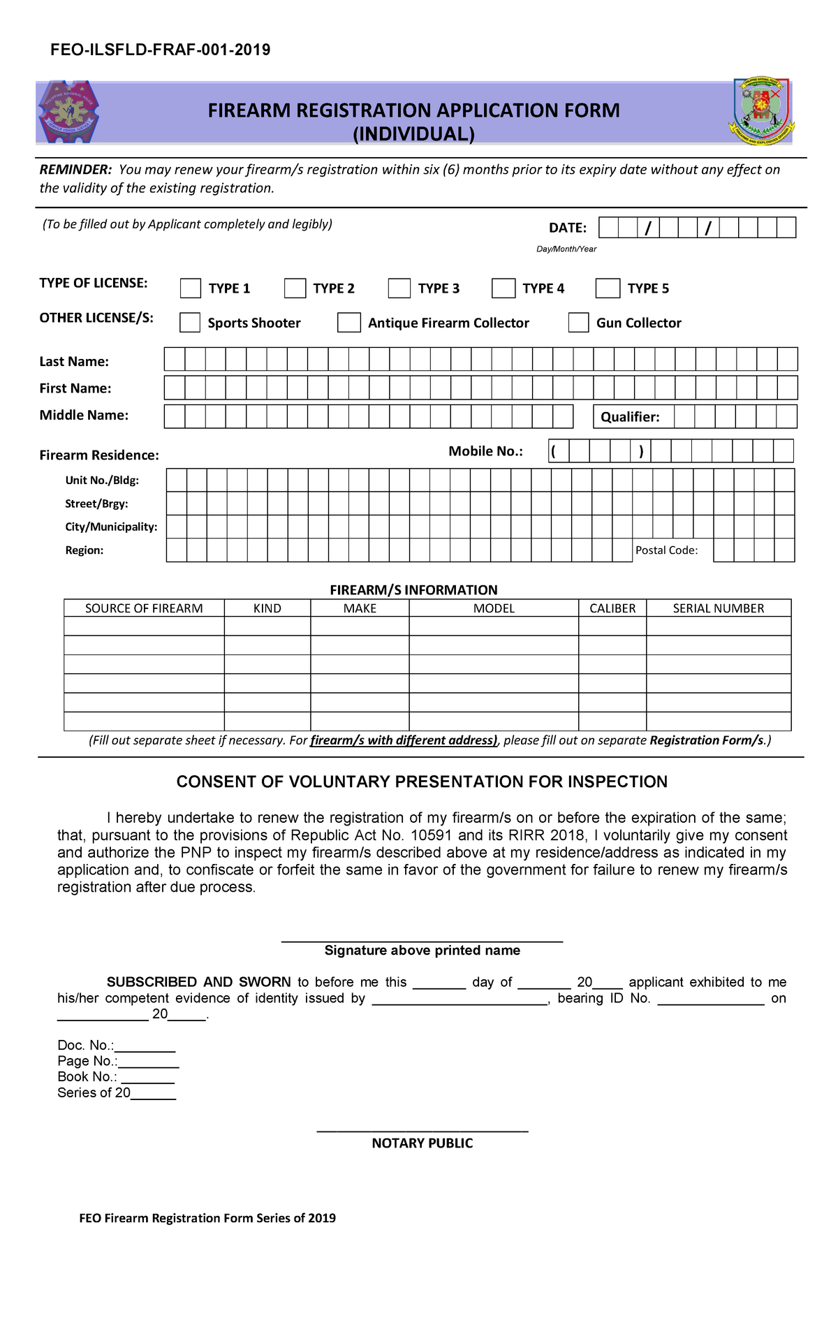 Individual Application Firearm Registration FIREARM REGISTRATION