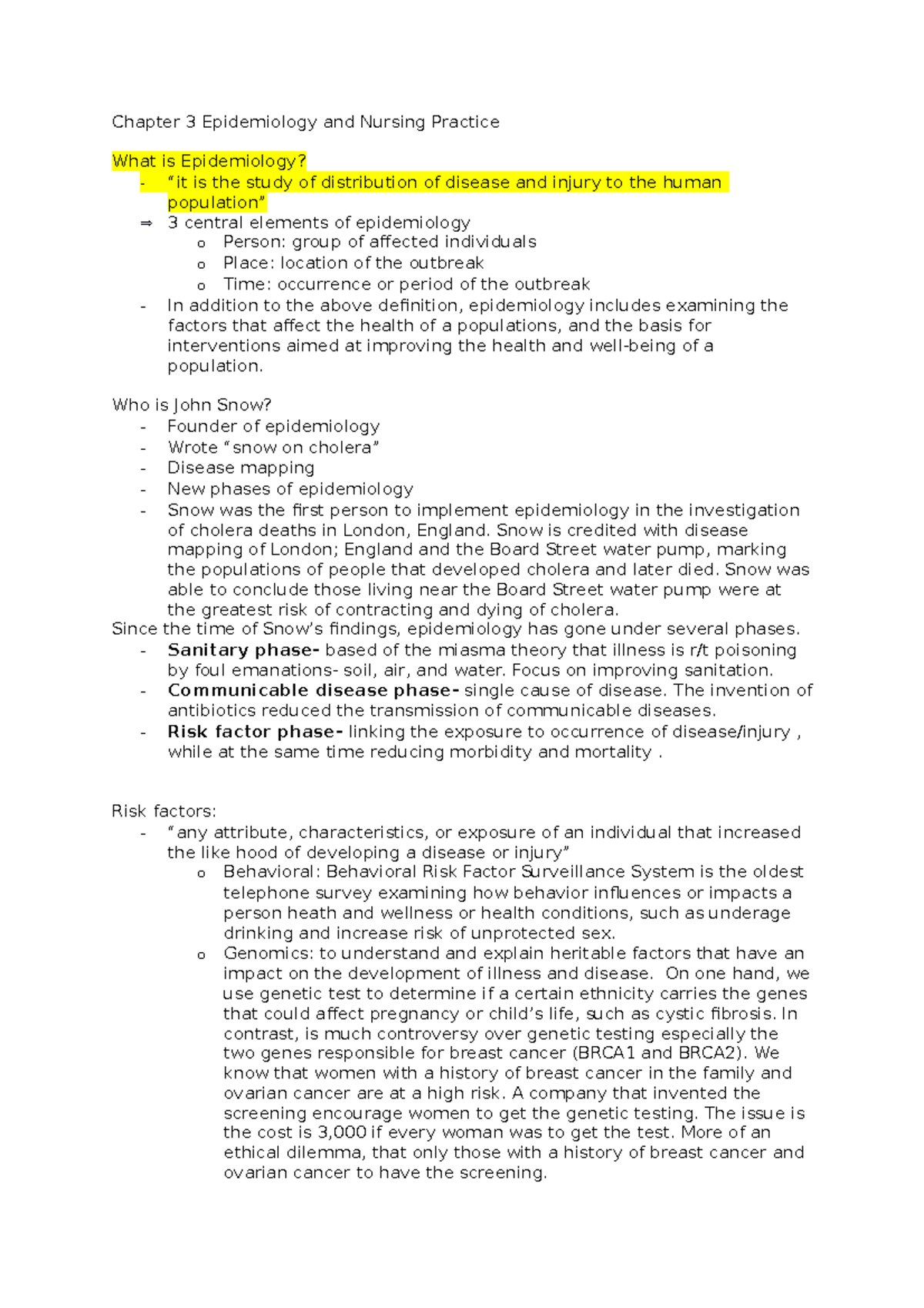 NUR 426 EXAM 3 Review Chapter 3 Epidemiology and Nursing Practice