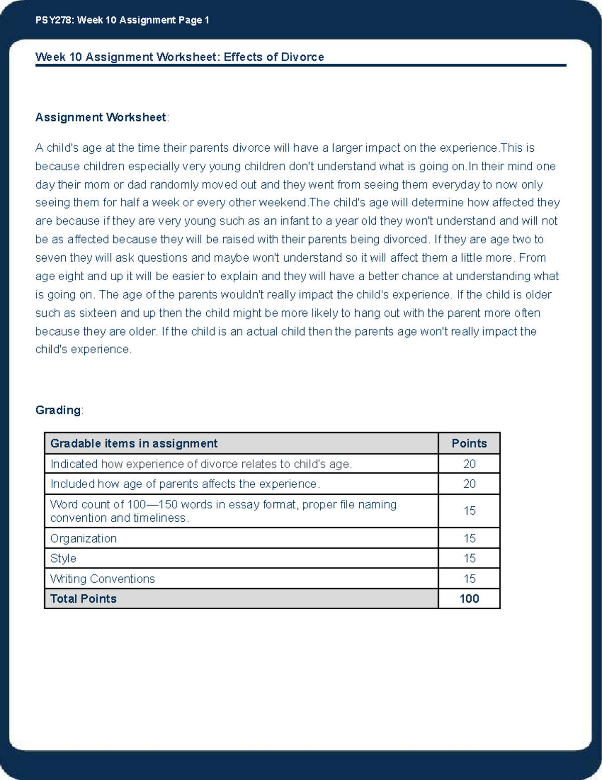 PSY278 H Wk10 Assn - PSY278: Week 10 Assignment Page 1 ` Week 10 ...