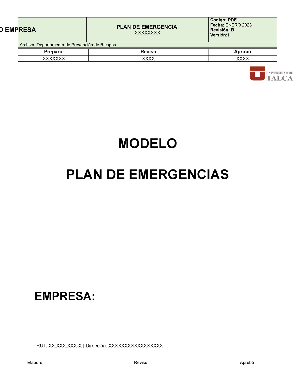 Modelo Plan De Emergencias 2023 V1 Plan De Emergencia Xxxxxxxx Fecha Enero 2023 Revisión B 0871
