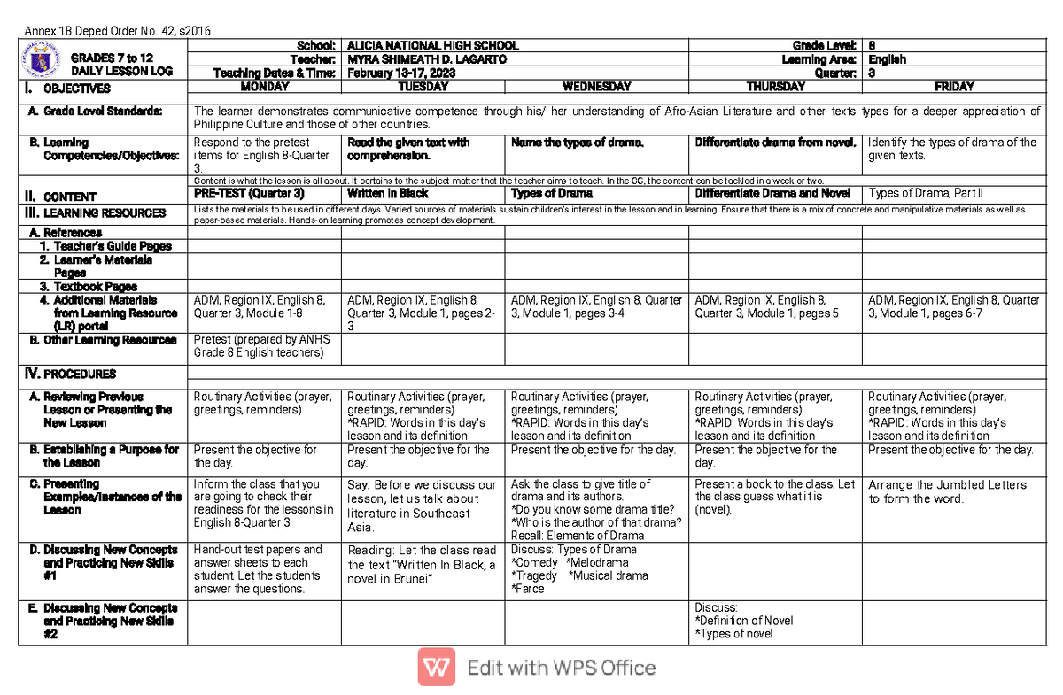 Dll-form - Annex 1b Deped Order No. 42, S Grades 7 To 12 Daily Lesson 